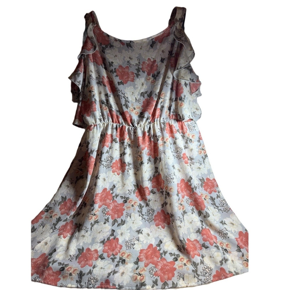 Floral Cold Shoulder Ruffle Dress Elastic Waist Coral Cream Blue Mini Dress